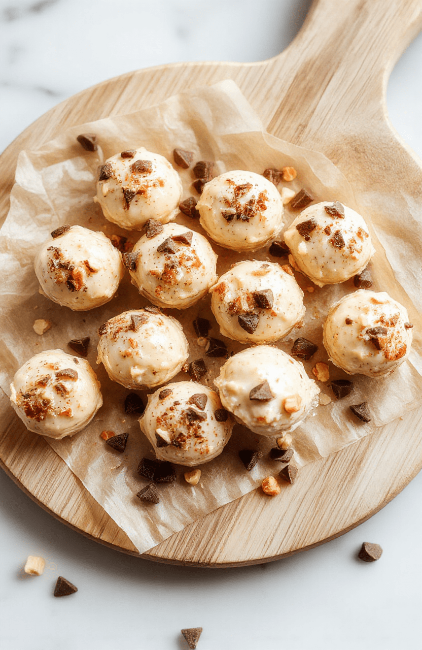 A close up of a plate of Creamy Peanut Butter Yogurt Bites on a light wooden board. Bites are pale beige with specks of chia, topped with tiny chocolate chips and crushed peanuts. The background shows a jar of peanut butter and a small bowl of yogurt, with a drizzle of honey. The presentation is clean, simple, and inviting, with natural textures and soft natural light.