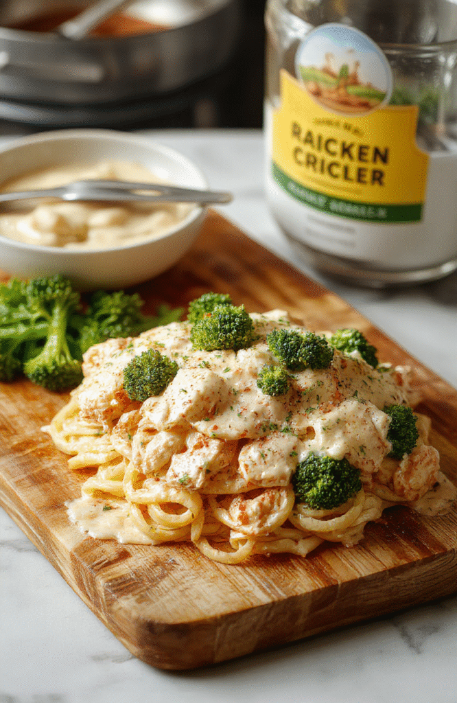 A creamy ranch chicken pasta dish plated on a white round plate. Bright broccoli florets and tender chicken pieces are coated in a pale ranch sauce, with strands of al dente pasta peeking through. Finished with grated parmesan and chopped chives, the dish is styled simply on a light wooden table with a touch of olive oil sheen.