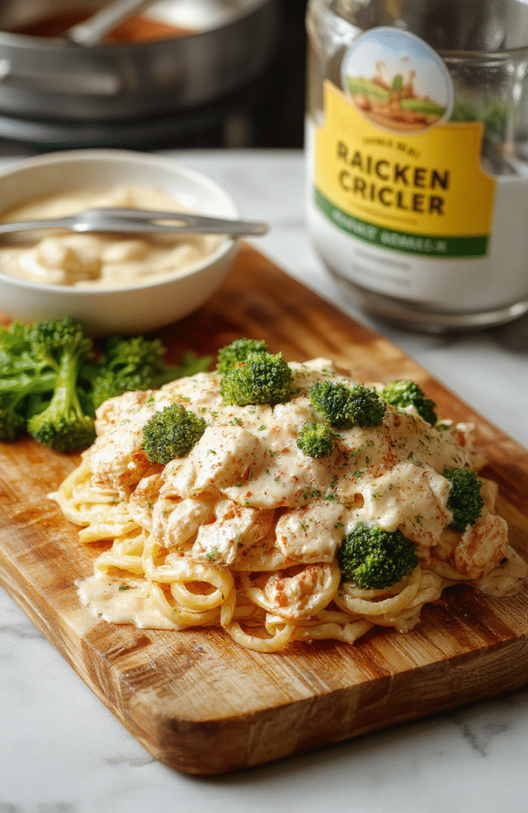 A creamy ranch chicken pasta dish plated on a white round plate. Bright broccoli florets and tender chicken pieces are coated in a pale ranch sauce, with strands of al dente pasta peeking through. Finished with grated parmesan and chopped chives, the dish is styled simply on a light wooden table with a touch of olive oil sheen.