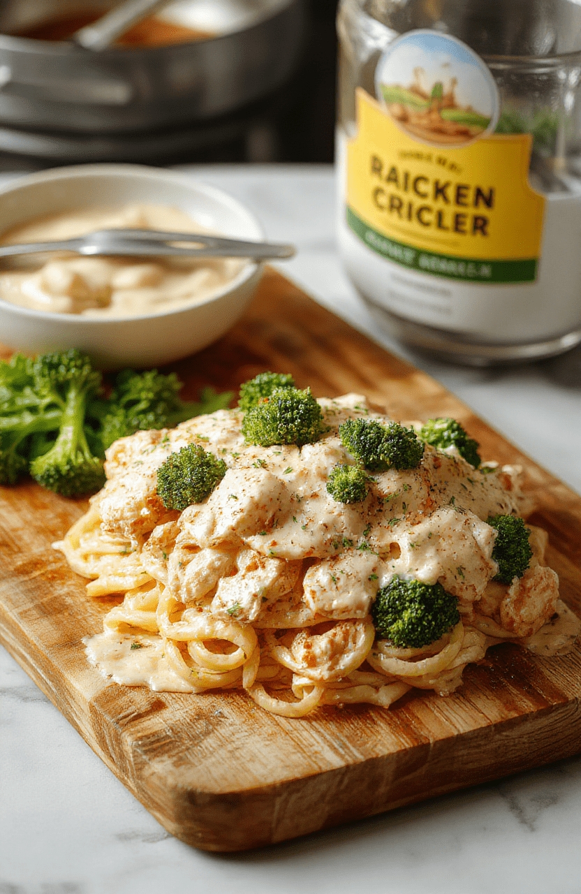 A creamy ranch chicken pasta dish plated on a white round plate. Bright broccoli florets and tender chicken pieces are coated in a pale ranch sauce, with strands of al dente pasta peeking through. Finished with grated parmesan and chopped chives, the dish is styled simply on a light wooden table with a touch of olive oil sheen.