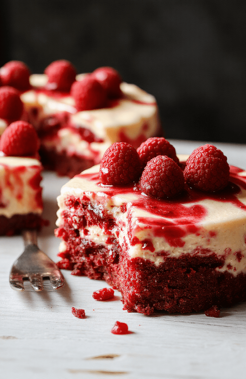 A thick slice of Creamy Red Velvet Cheesecake on a white plate, showing a glossy cream cheese topping and vibrant red velvet cake layers at the edges. Garnished with a light dusting of cocoa and a mint leaf, it sits on a pale marble surface with soft natural light and gentle shadows.
