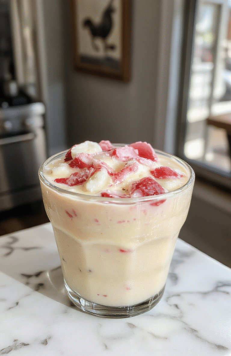 Vibrant pink Creamy Sakura Latte in a white mug sits on a marble countertop, topped with delicate latte art and edible sakura petals. A soft pastel background enhances the floral vibe, with a small jar of sakura syrup and a dusting of powder sugar nearby.