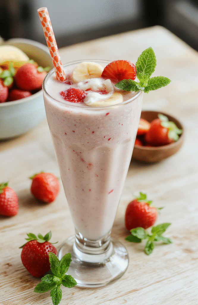 A tall, clear glass filled with creamy pink strawberry banana smoothie, speckled with strawberry bits and a hint of banana. The glass sits on a light wooden table with a drizzle of yogurt, a scattering of fresh strawberries and banana slices nearby, a white spoon and a mint leaf garnish. The scene is bright and airy, styled simply for a healthy breakfast vibe.