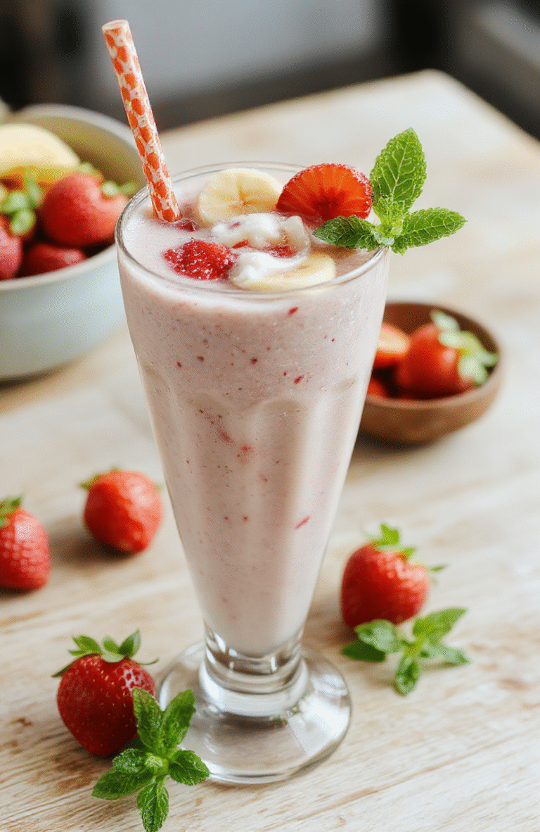 A tall, clear glass filled with creamy pink strawberry banana smoothie, speckled with strawberry bits and a hint of banana. The glass sits on a light wooden table with a drizzle of yogurt, a scattering of fresh strawberries and banana slices nearby, a white spoon and a mint leaf garnish. The scene is bright and airy, styled simply for a healthy breakfast vibe.