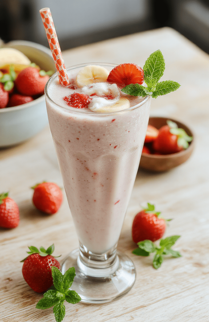 A tall, clear glass filled with creamy pink strawberry banana smoothie, speckled with strawberry bits and a hint of banana. The glass sits on a light wooden table with a drizzle of yogurt, a scattering of fresh strawberries and banana slices nearby, a white spoon and a mint leaf garnish. The scene is bright and airy, styled simply for a healthy breakfast vibe.