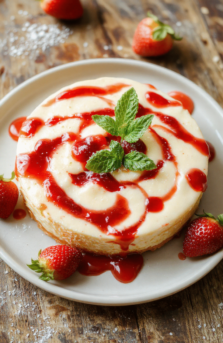 A slice of creamy cheesecake with a pale, velvety filling swirled with bright strawberry ribbons sits on a clean white plate. A golden crumb crust peeks around the edge, while fresh strawberry halves and a light dusting of powdered sugar complete the presentation on a rustic wooden board.