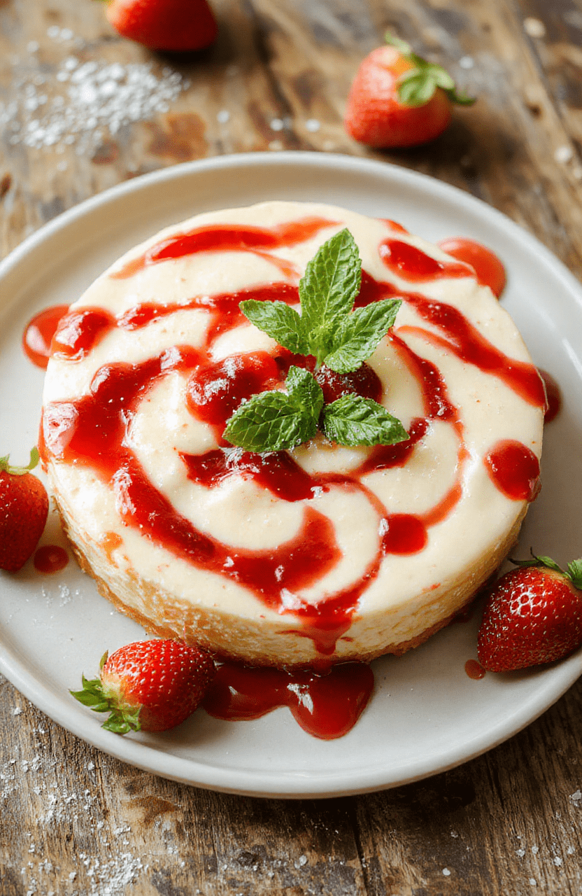 A slice of creamy cheesecake with a pale, velvety filling swirled with bright strawberry ribbons sits on a clean white plate. A golden crumb crust peeks around the edge, while fresh strawberry halves and a light dusting of powdered sugar complete the presentation on a rustic wooden board.