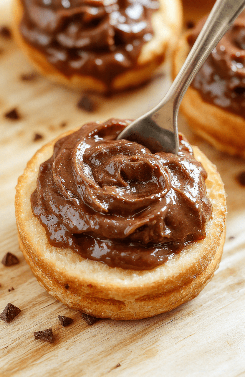 Glossy creamy brown hazelnut spread in a small glass jar with a wooden spoon, rich chocolate color, hazelnuts and cocoa powder scattered nearby, smooth texture, rustic wooden surface and neutral backdrop
