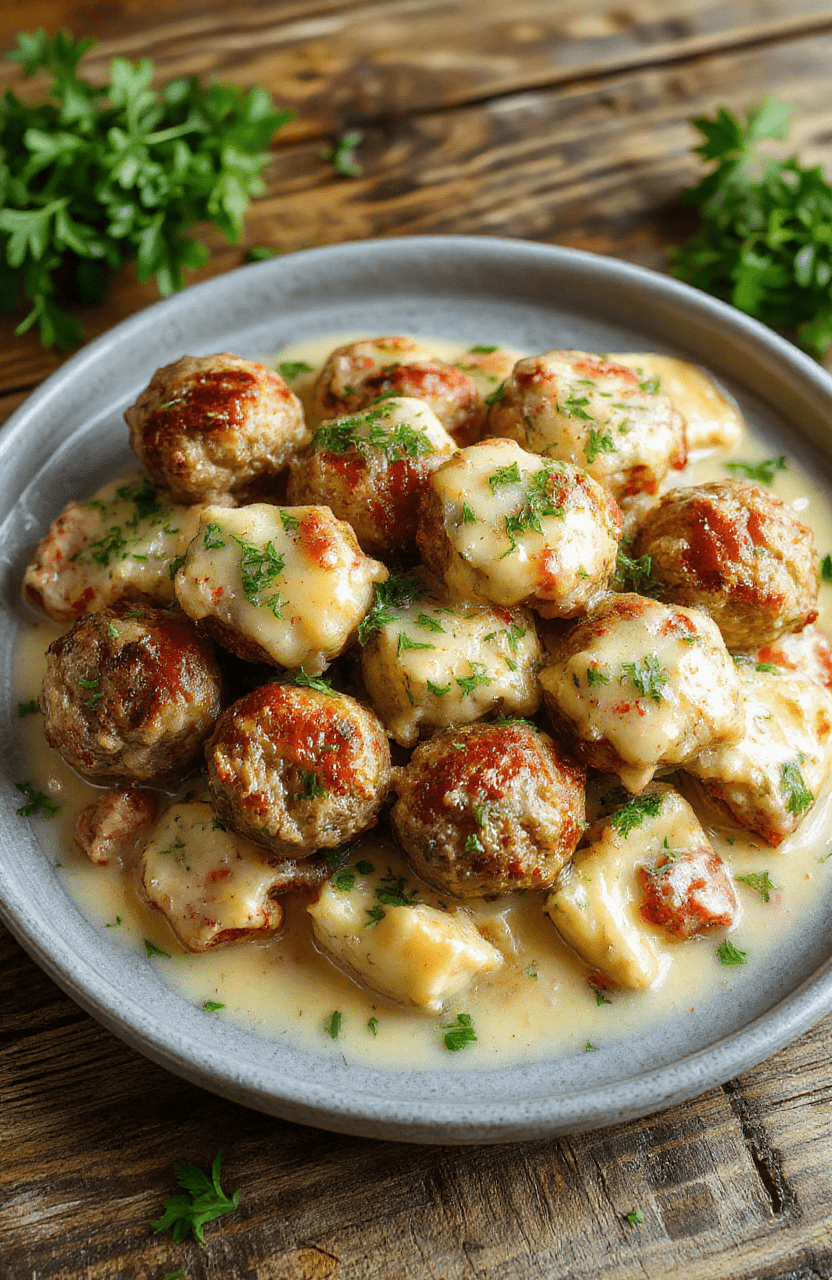 A skillet of creamy Swedish meatballs in rich beige gravy, golden-brown meatballs resting atop silky mashed potatoes, garnished with chopped parsley and a hint of black pepper. Lingonberry sauce dots the plate for color and contrast, with a rustic wooden table and a soft, warm ambient light enhancing the comforting, homey scene.