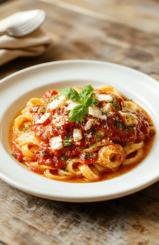 A steaming plate of creamy tomato garlic pasta with ribbons of spaghetti, silky sauce, grated Parmesan, and fresh basil on a white ceramic plate, set on a rustic wooden table with olive oil and garlic cloves in the background.