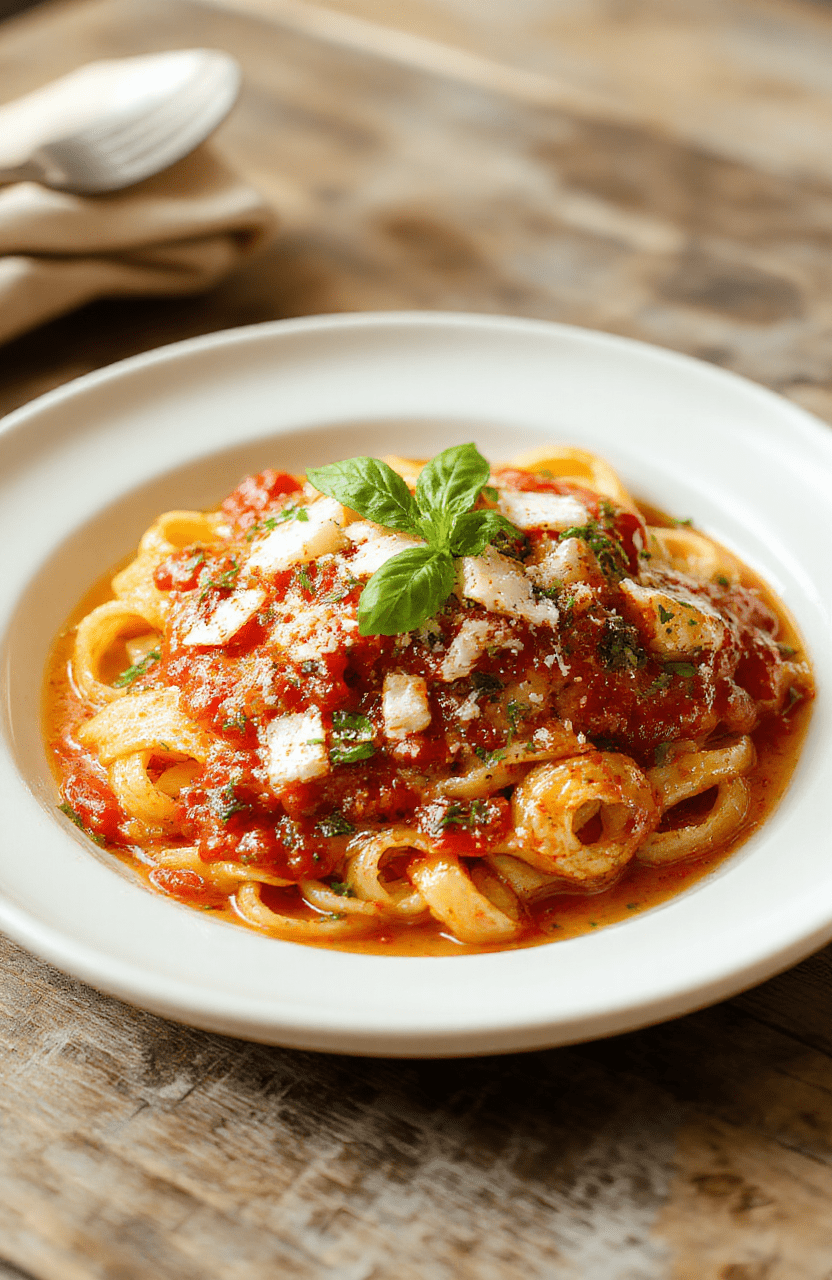 A steaming plate of creamy tomato garlic pasta with ribbons of spaghetti, silky sauce, grated Parmesan, and fresh basil on a white ceramic plate, set on a rustic wooden table with olive oil and garlic cloves in the background.