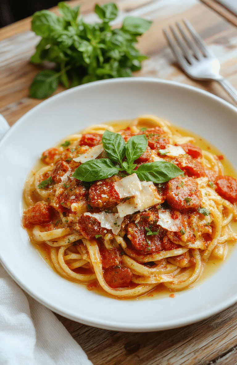 A bowl of creamy tomato pasta with al dente spaghetti, glossy pink-orange sauce, grated Parmesan, and fresh basil on a white plate. The dish sits on a light wooden table with a lemon wedge and garlic in the background, bright natural light highlighting the creamy texture and vibrant tomato sauce, a drizzle of olive oil and a crack of pepper.