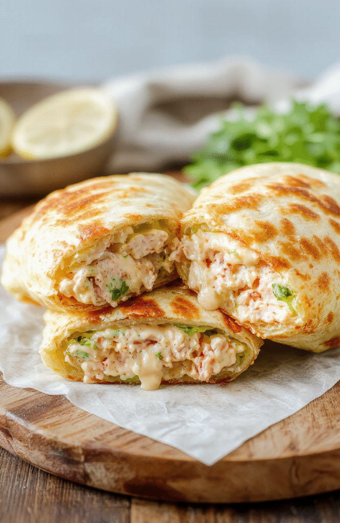 A close-up shot of a Creamy Tuna Melt Wrap sliced in half to reveal creamy tuna filling with melted cheese, nestled in a warm tortilla on a rustic wooden board. The plate is garnished with a lemon wedge, crisp lettuce, and a drizzle of mayo; a small bowl of extra tuna salad and a sprinkle of chopped herbs add color. Warm browns, golden crust, and glossy cheese create a cozy lunch scene.