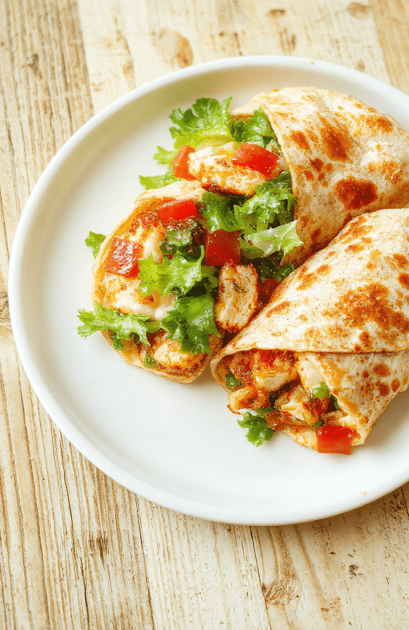 Golden-brown air fried chicken wraps on a white plate, sliced to reveal juicy seasoned chicken, crisp lettuce, diced tomatoes, and melted cheese inside warm tortillas, with a light drizzle of sauce and a lime wedge on a wooden board
