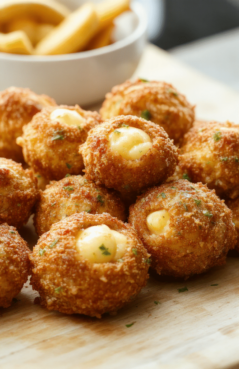 Golden-brown crispy air fryer mac and cheese balls on a white plate with a light drizzle of marinara and a sprinkle of chives. The creamy cheddar filling is visible through a bite, and the plate rests on a rustic wooden board with a few breadcrumbs for texture and a soft, warm light that highlights the crunchy coating.