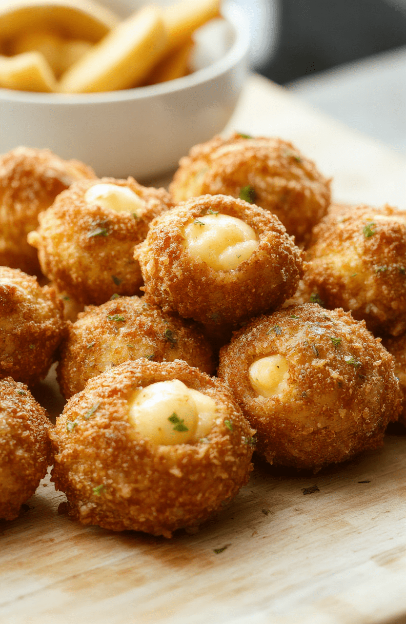 Golden-brown crispy air fryer mac and cheese balls on a white plate with a light drizzle of marinara and a sprinkle of chives. The creamy cheddar filling is visible through a bite, and the plate rests on a rustic wooden board with a few breadcrumbs for texture and a soft, warm light that highlights the crunchy coating.