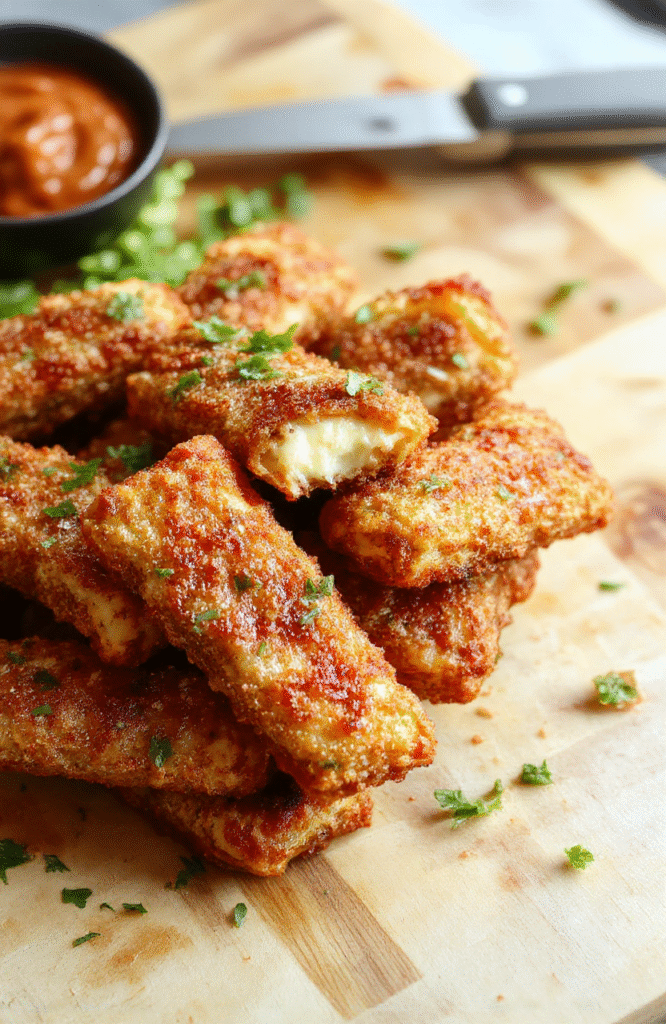 Golden-brown crispy mozzarella sticks arranged on a white platter with a marinara dip, light dusting of parmesan, and a fresh herb garnish. The breadcrumb coating is textured and crisp, cheese stretches center, presented on a clean surface with soft natural light.