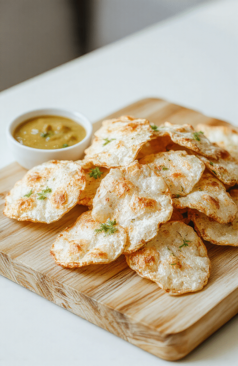 Golden, crispy rice paper chips piled on a light wooden board, a light dusting of salt and sesame seeds, a small dipping bowl nearby, glossy oil sheen on the chips, paper-thin edges curling slightly, bright natural light, clean kitchen backdrop, casual presentation.