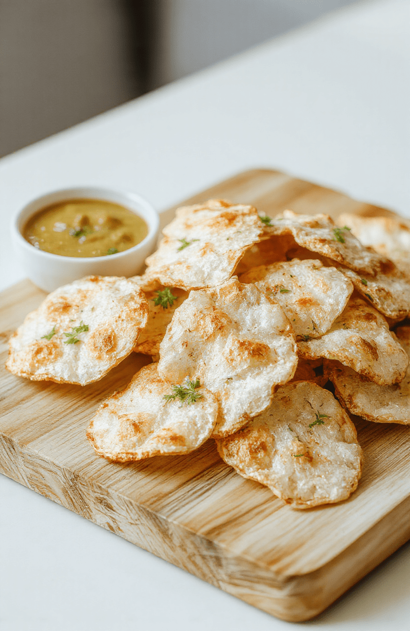 Golden, crispy rice paper chips piled on a light wooden board, a light dusting of salt and sesame seeds, a small dipping bowl nearby, glossy oil sheen on the chips, paper-thin edges curling slightly, bright natural light, clean kitchen backdrop, casual presentation.
