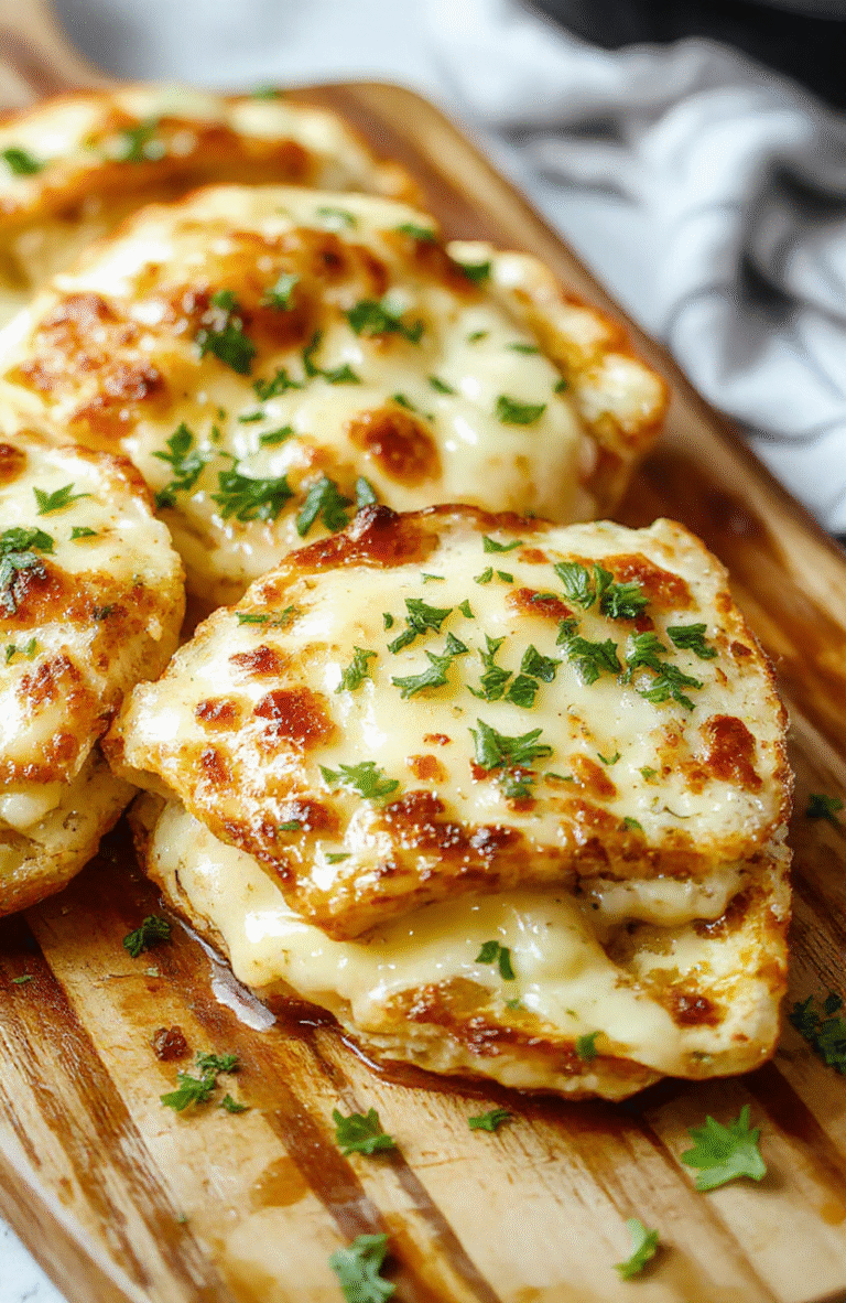 Golden slices of Crispy Air Fryer Tortilla Garlic Bread on a wooden board, melted cheese, garlic butter, and parsley garnish, crisp edges and bubbly centers.