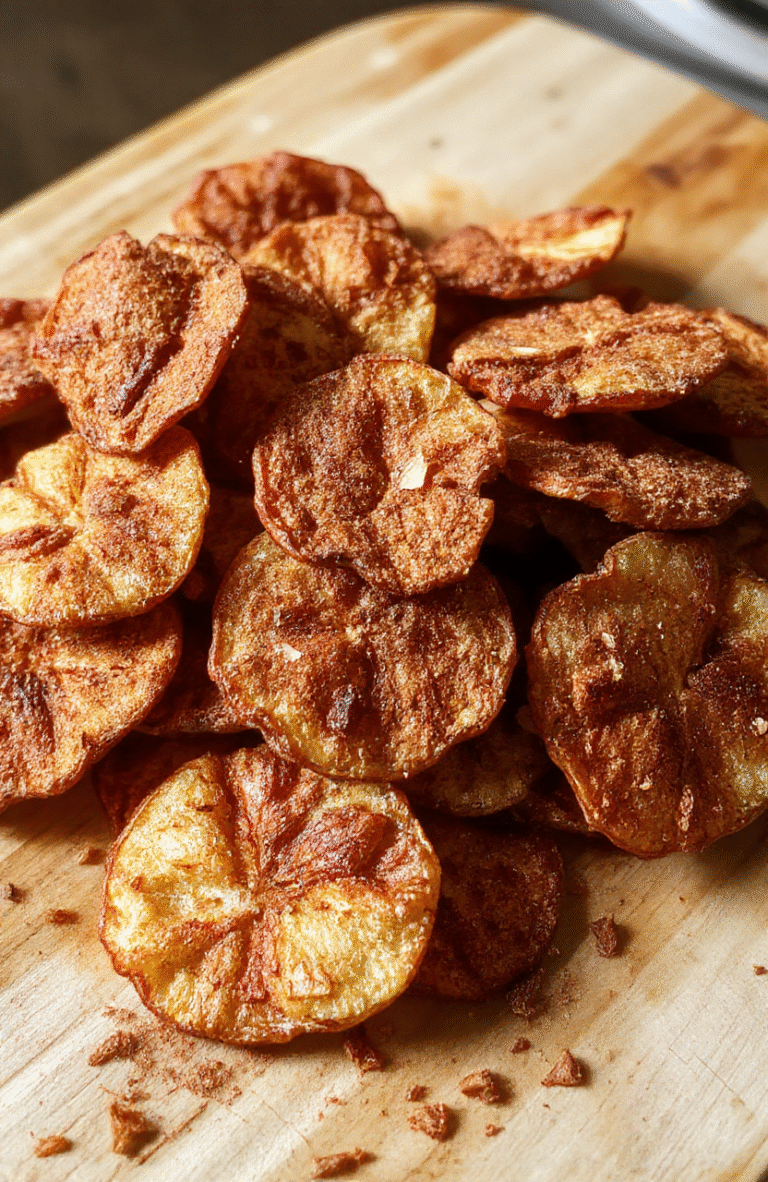 Thin apple slices arranged in a single layer on a parchment-lined baking sheet, turning golden at the edges. The chips show red and yellow skin and pale centers, speckled with cinnamon. A small bowl of cinnamon sugar and a lemon wedge sit nearby, with a clean white plate and soft daylight highlighting the crisp texture and delicate crunch.