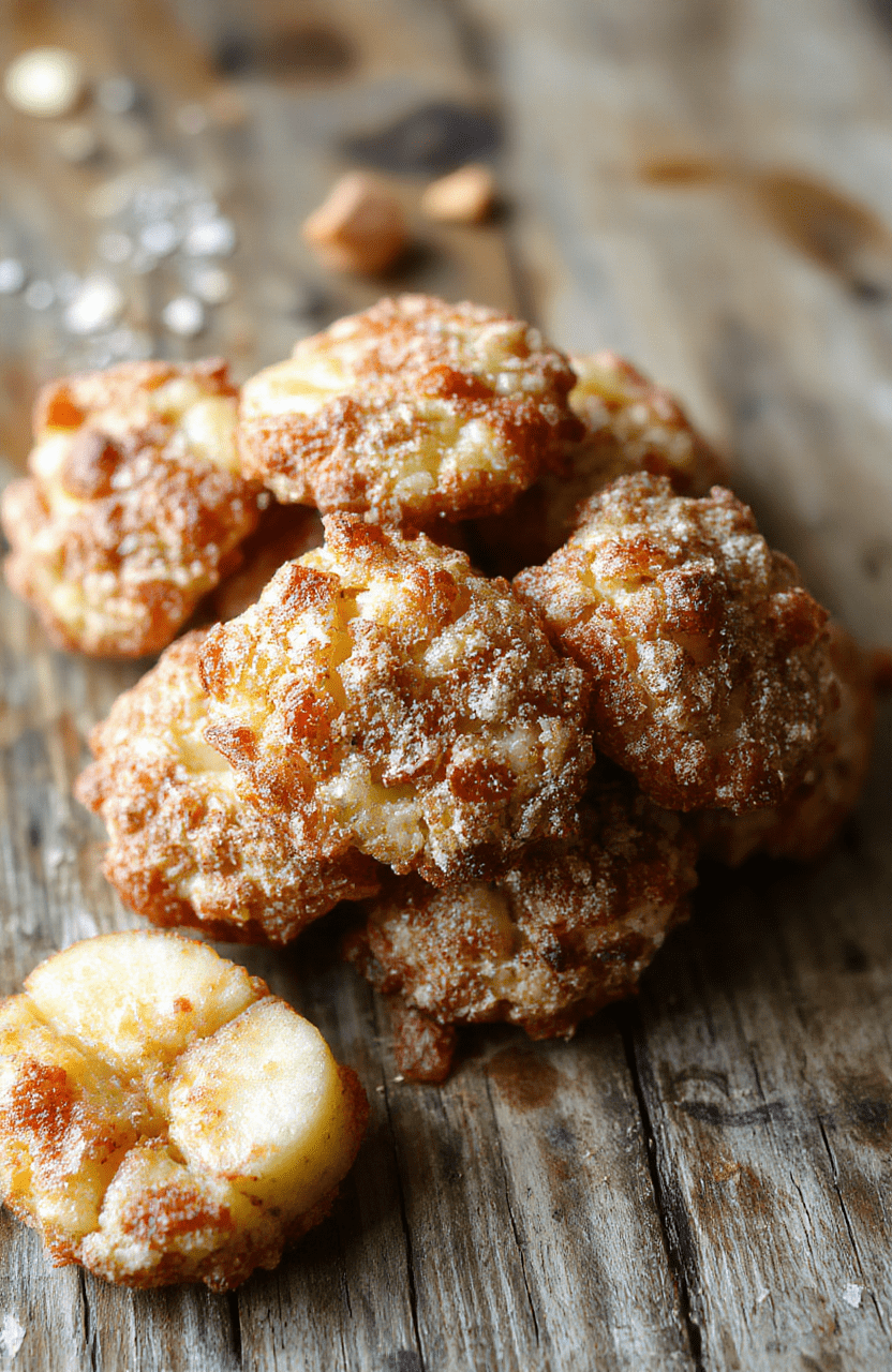 Golden apple fritter bites on a white plate with a light dusting of cinnamon, a small bowl of maple glaze nearby, diced apples visible in the batter, and a warm cinnamon-gold backdrop; rustic wooden board under the plate for a cozy, homey feel.