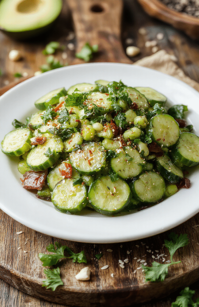 A bright, vibrant Crispy Asian Cucumber Salad in a white bowl: emerald cucumber ribbons, red pepper shreds, edamame, and sesame seeds, tossed in a glossy sesame-ginger dressing. The dish sits on a light wooden board with a sprinkle of fresh herbs and sesame seeds, highlighting crunchy textures and fresh colors.