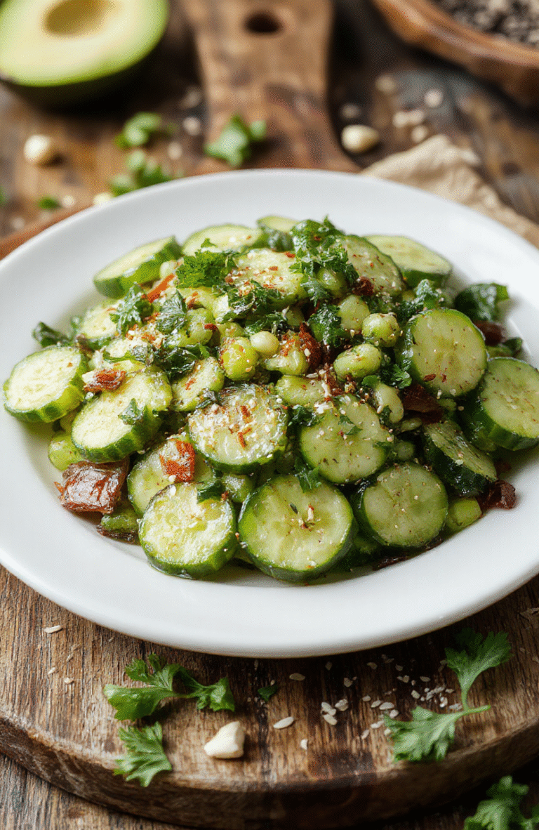 A bright, vibrant Crispy Asian Cucumber Salad in a white bowl: emerald cucumber ribbons, red pepper shreds, edamame, and sesame seeds, tossed in a glossy sesame-ginger dressing. The dish sits on a light wooden board with a sprinkle of fresh herbs and sesame seeds, highlighting crunchy textures and fresh colors.