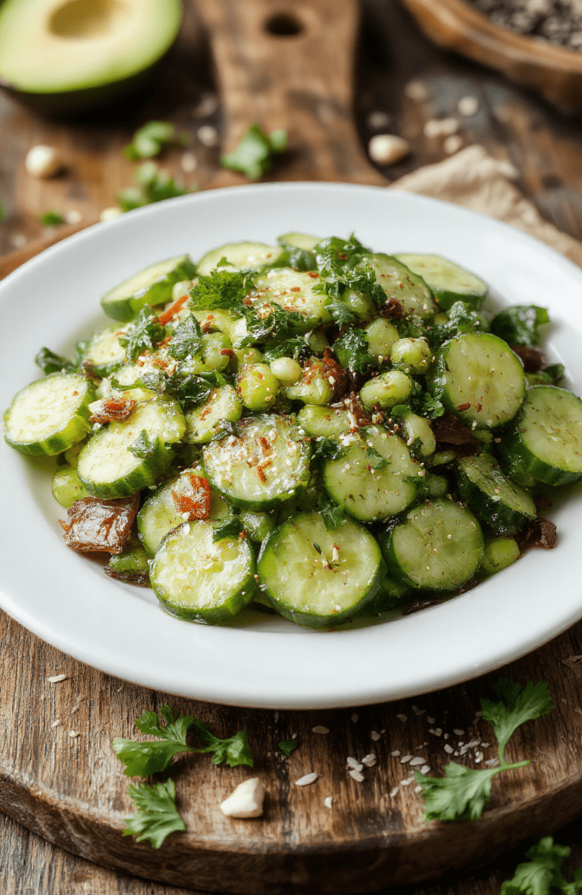A bright, vibrant Crispy Asian Cucumber Salad in a white bowl: emerald cucumber ribbons, red pepper shreds, edamame, and sesame seeds, tossed in a glossy sesame-ginger dressing. The dish sits on a light wooden board with a sprinkle of fresh herbs and sesame seeds, highlighting crunchy textures and fresh colors.