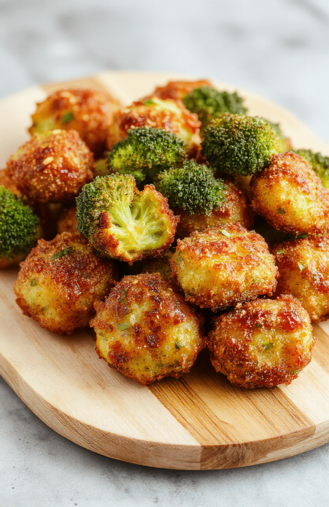 Golden-brown broccoli tots on a white plate with a lemon wedge and a small bowl of yogurt dip; bright green broccoli flecks inside a crispy breadcrumb crust, light olive oil drizzle, and parmesan shavings on a clean rustic table.