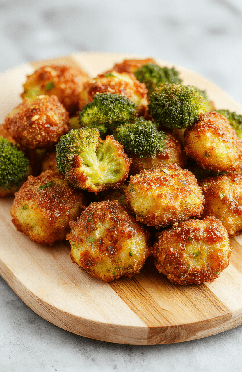 Golden-brown broccoli tots on a white plate with a lemon wedge and a small bowl of yogurt dip; bright green broccoli flecks inside a crispy breadcrumb crust, light olive oil drizzle, and parmesan shavings on a clean rustic table.