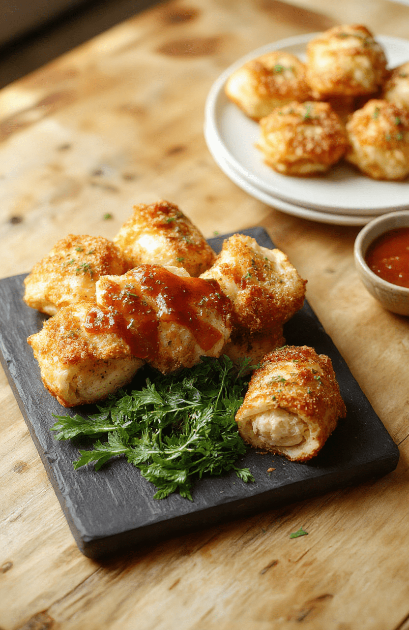 Golden-brown Crispy Cheesy Chicken Rolls sliced to reveal melted mozzarella, arranged on a rustic wooden board with a small dish of marinara, fresh parsley, and a light dusting of parmesan; crispy breadcrumb crust and juicy centers.