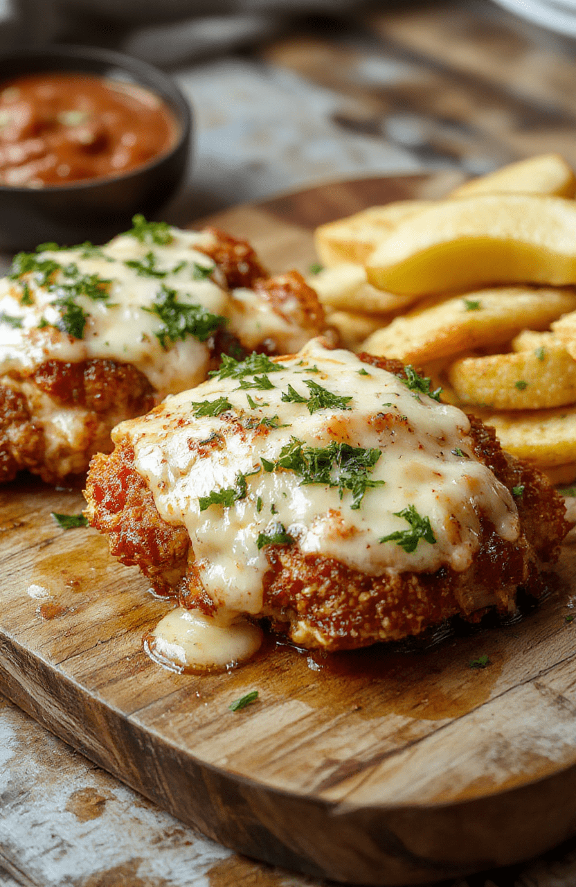 Golden crispy baked chicken parmesan cutlets with melted mozzarella perched over a bed of pasta and rich marinara, garnished with fresh basil. The crust glistens with Parmesan, breadcrumbs and olive oil, while steam rises from the hot sauce. Plated on a white dish with a light drizzle of sauce and a sprinkle of herbs for a homey, comforting look.