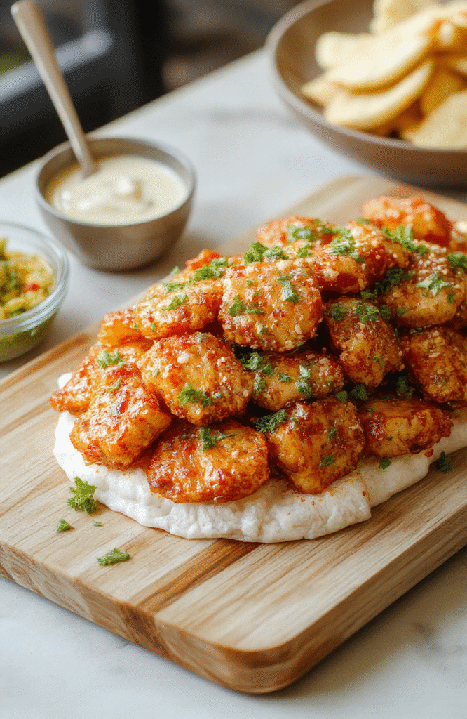 Golden-brown crispy chicken bites coated in a glossy orange glaze, speckled with sesame seeds and sliced scallions, served over fluffy white rice with bright broccoli on the side. The sauce clings to each piece, with hints of orange zest and garlic, while crisp crusts give a satisfying crack. Garnished with sesame seeds and scallions, the dish looks vibrant and inviting in a clean white plate.