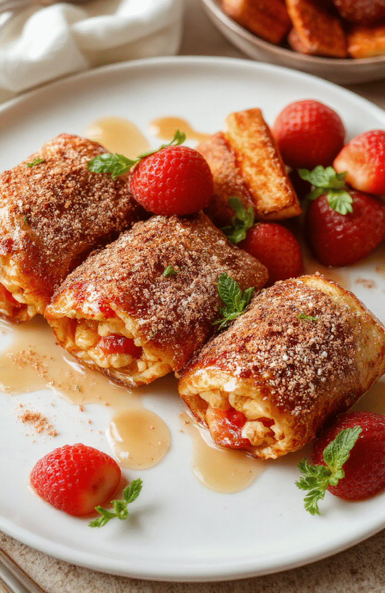 Golden brown Crispy Cinnamon French Toast Roll-Ups arranged on a white plate with maple drizzle, dusted with powdered sugar, cinnamon sugar specks, sliced strawberries and a mint sprig on a rustic wooden board