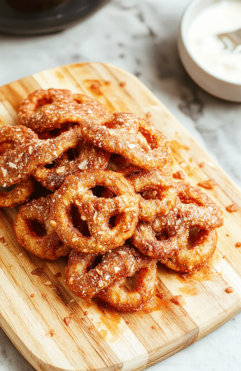 Golden-brown cinnamon twists on a white plate dusted with cinnamon sugar, flaky pastry layers visible, a light glaze drizzle, and a few twists broken to reveal the crisp interior, set on a wooden board with warm lighting.