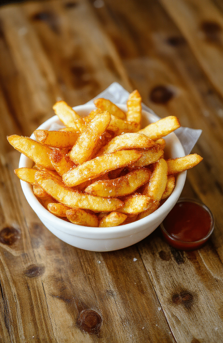 Golden, slender fries piled high on a white plate, salt glittering on the surface, crispy exterior with a fluffy interior, a light sheen from oil, a small ramekin of ketchup in the background, neutral linen backdrop, warm natural light, inviting and crave-worthy.