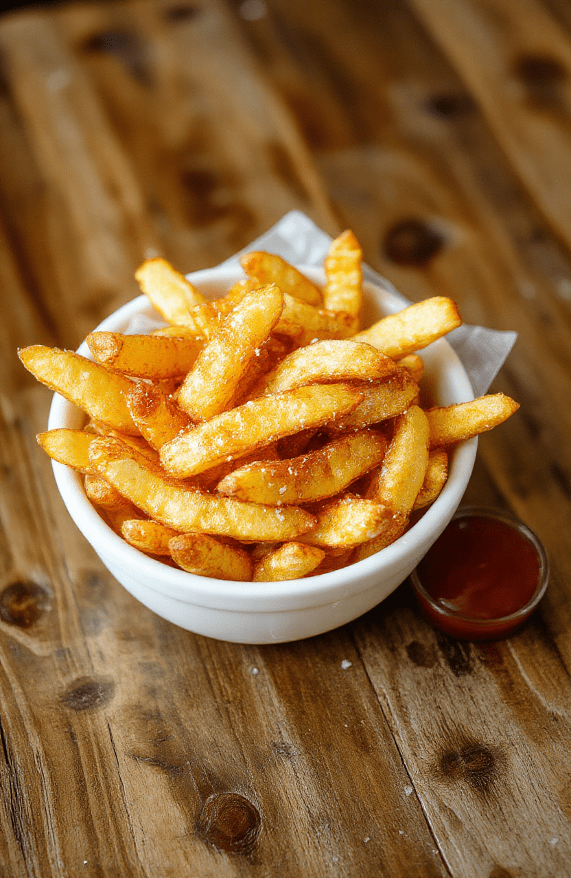 Golden, slender fries piled high on a white plate, salt glittering on the surface, crispy exterior with a fluffy interior, a light sheen from oil, a small ramekin of ketchup in the background, neutral linen backdrop, warm natural light, inviting and crave-worthy.