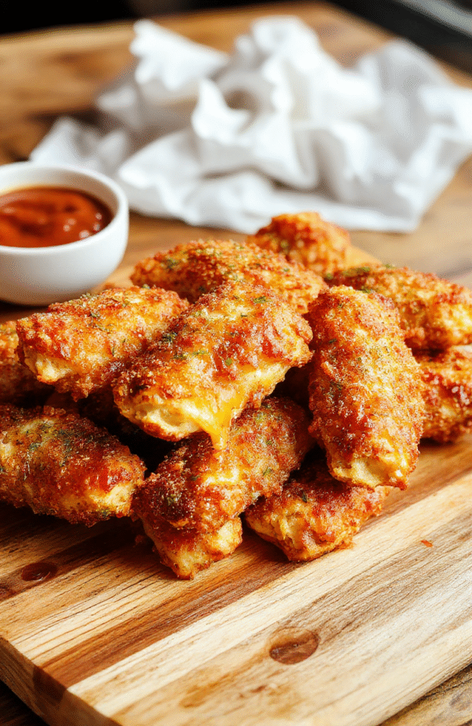 Golden-brown baked mozzarella cheese sticks with a crispy breadcrumb crust arranged on a wooden board, served with a bowl of marinara sauce; steam rising, cheesy interior visible, sprinkled with parmesan and herbs.