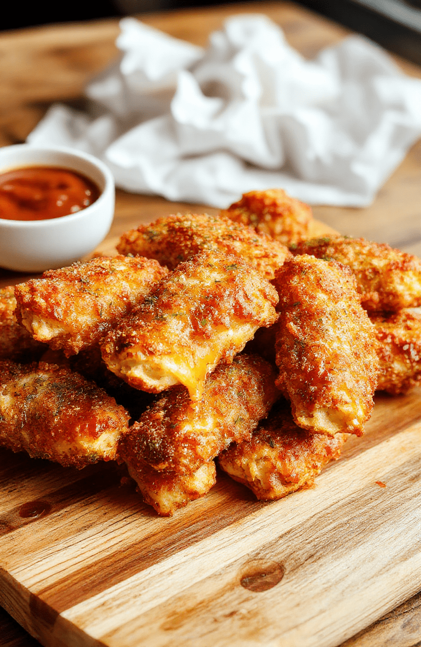 Golden-brown baked mozzarella cheese sticks with a crispy breadcrumb crust arranged on a wooden board, served with a bowl of marinara sauce; steam rising, cheesy interior visible, sprinkled with parmesan and herbs.