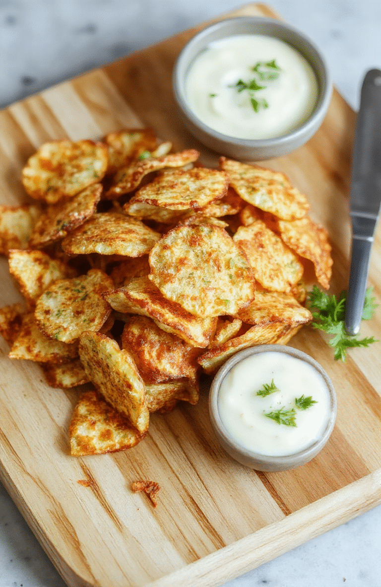 Golden-brown crispy cottage cheese chips arranged on a light wooden board with a dusting of paprika and parmesan, a small bowl of herb dip in the background, and a few chives for garnish; the texture shows crisp edges and soft centers.
