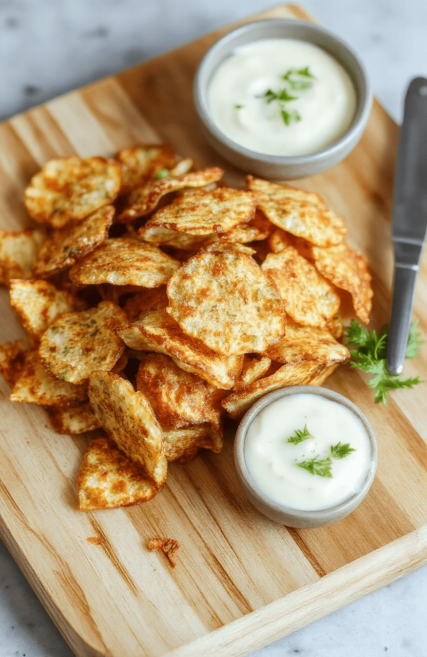 Golden-brown crispy cottage cheese chips arranged on a light wooden board with a dusting of paprika and parmesan, a small bowl of herb dip in the background, and a few chives for garnish; the texture shows crisp edges and soft centers.