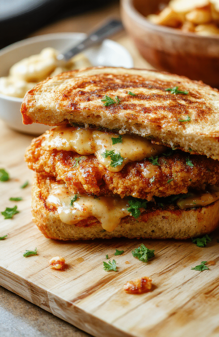 Golden-brown crispy fried chicken with a cinnamon French toast crust sits between two thick slices of French toast bread on a warm wooden board. A tangy slaw crowns the sandwich, with buttered edges, melted cheese, and fresh greens on the side. The plating emphasizes a glossy finish and rustic, inviting colors.