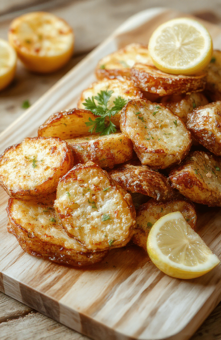 Golden-brown potato wedges with crispy edges, tossed with minced garlic and Parmesan, bright parsley, and a hint of paprika, arranged on a white plate atop a rustic wooden board with a lemon wedge and a small bowl of garlic aioli nearby.