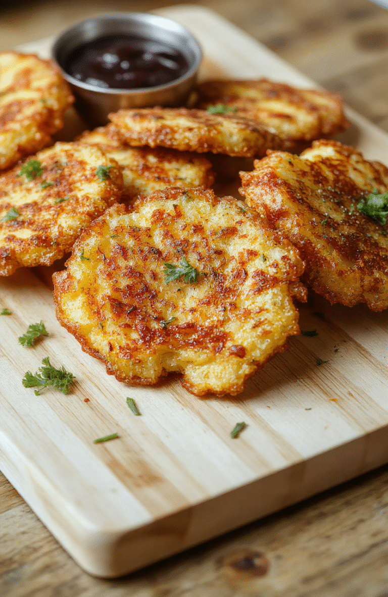 Golden-brown hash browns with crisp edges and a fluffy center on a white plate, flecks of grated potato and onion, garnished with chives. A light sheen of oil and a hint of paprika add shine, while a warm skillet sits nearby on a wooden counter.