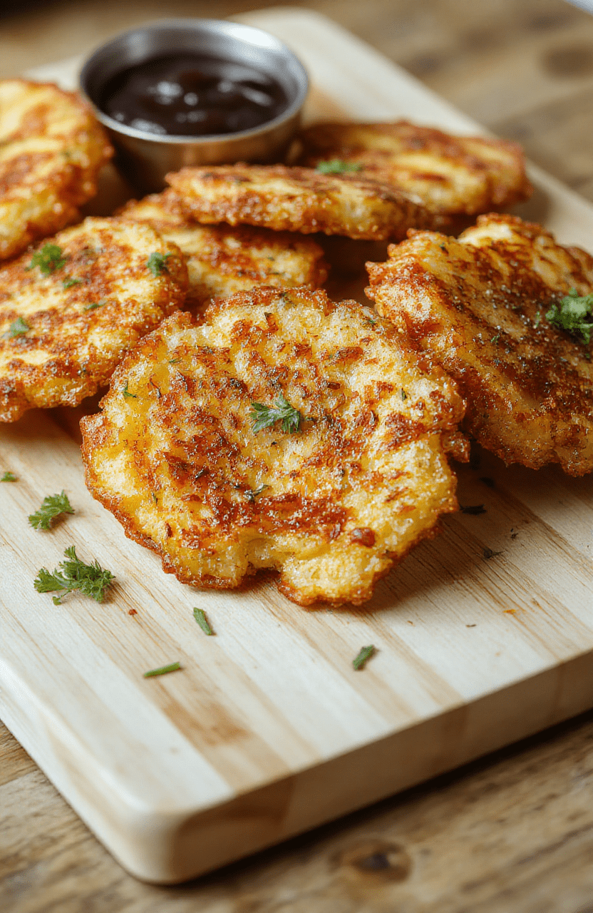 Golden-brown hash browns with crisp edges and a fluffy center on a white plate, flecks of grated potato and onion, garnished with chives. A light sheen of oil and a hint of paprika add shine, while a warm skillet sits nearby on a wooden counter.