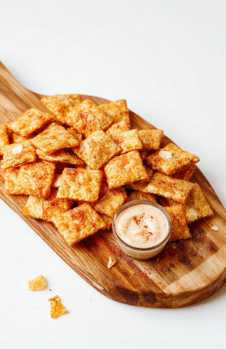 Golden, flaky homemade Cheez-Its arranged on a rustic wooden board with a small bowl of dip, a light dusting of paprika, and a clean white plate in the background; warm, inviting kitchen scene.