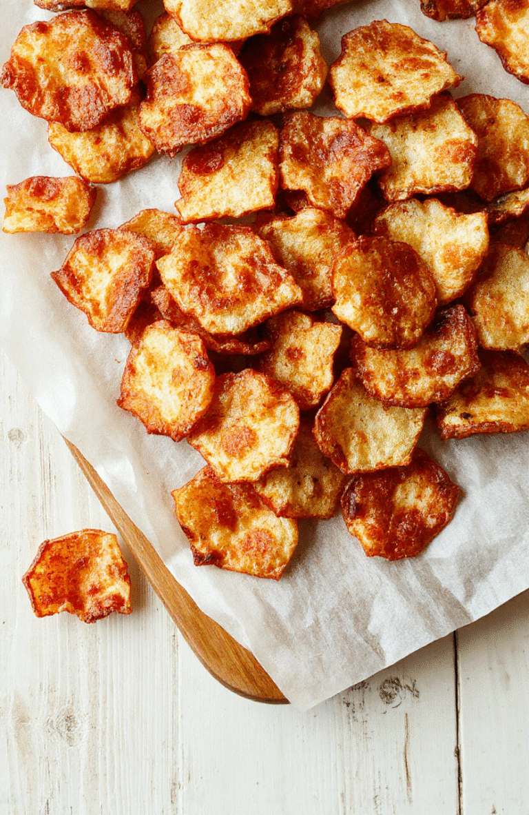 Golden Crispy Pizza Chips arranged on a parchment-lined baking sheet atop a rustic wooden board, melted mozzarella bubbling on each triangular chip, a light drizzle of olive oil and a pinch of oregano. A small bowl of marinara sauce and a sprinkle of parmesan and basil leaves complete the plate, with warm, inviting lighting.