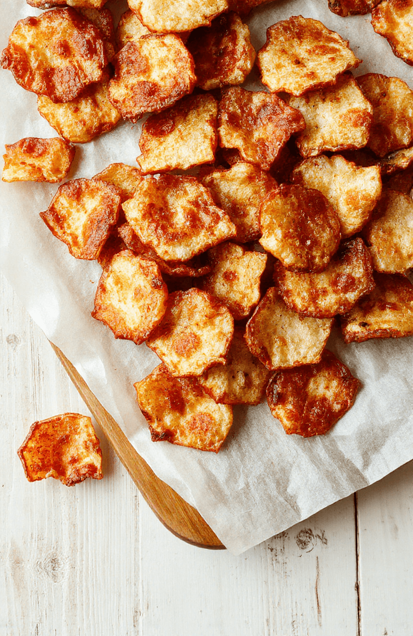Golden Crispy Pizza Chips arranged on a parchment-lined baking sheet atop a rustic wooden board, melted mozzarella bubbling on each triangular chip, a light drizzle of olive oil and a pinch of oregano. A small bowl of marinara sauce and a sprinkle of parmesan and basil leaves complete the plate, with warm, inviting lighting.