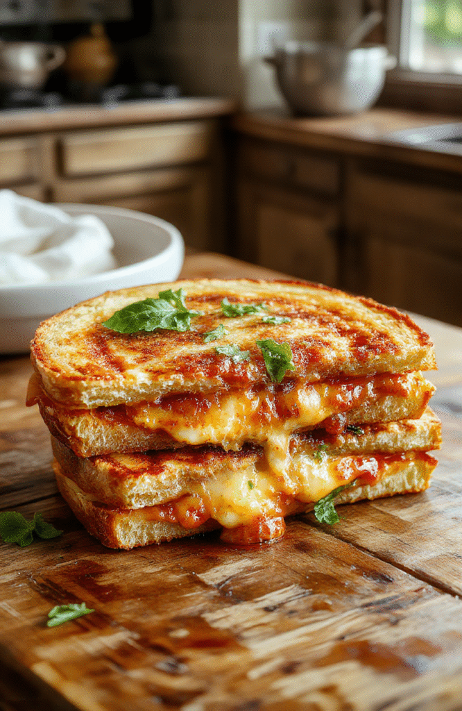 Golden brown crispy pizza grilled cheese cut in half on a white plate, melted mozzarella oozing from between two slices of toasted sourdough, tomato sauce swirls on the plate, basil leaf garnish, oregano, rustic wooden table, bright natural light.